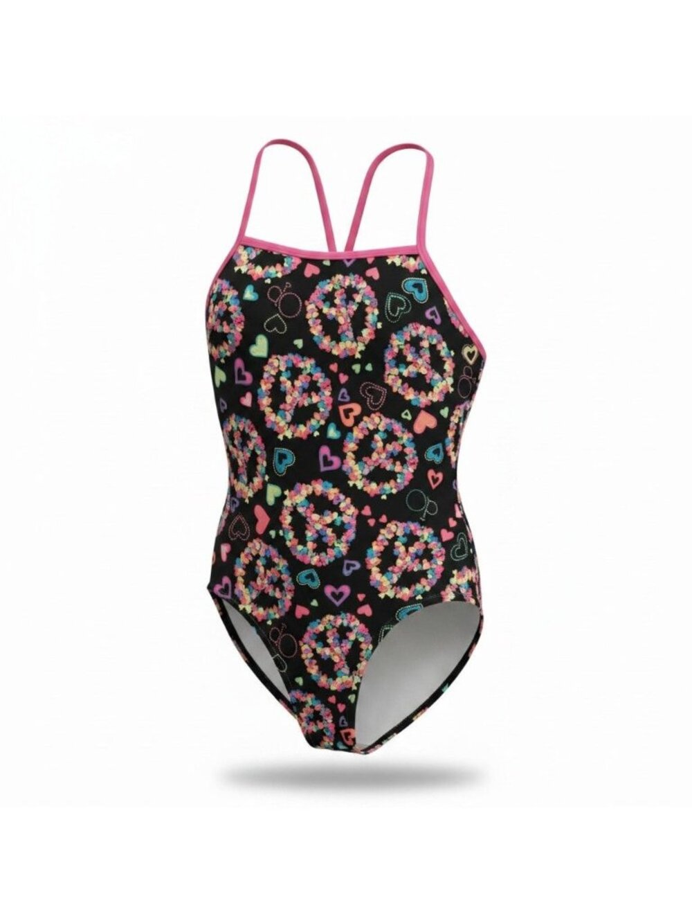 Girls/Juniors One‑Piece Swimsuit – Peace & Hearts Print – Size 16.5 – Good Condi